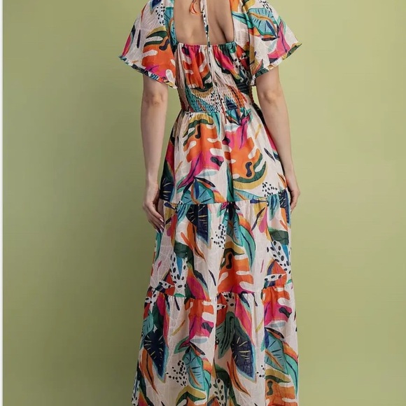 Vibrant Tropical Print Smocked Waist Boho Midi Dress - Picture 5 of 7